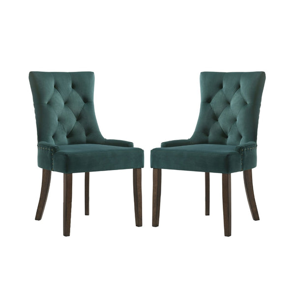 English Elm Set Of 2 Elegant Green Velvet Dining Chairs With Weathered Oak Legs For Stylish Comfort & Durability B016P315267-GIGA