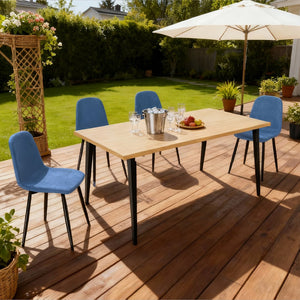 English Elm 63-Inch Rustic Industrial Dining Table Set With 4 Blue Chairs, Durable Iron Legs For Home & Patio W2699S00066