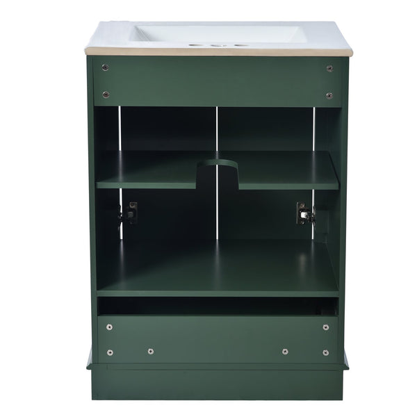 English Elm 24'' Bathroom Vanity with Ceramic Sink Combo Modern Freestanding MDF Cabinet with Soft-Close Doors and Sleek Silver Handles for Spacious Organized Bathroom Storage Green N710P194893F