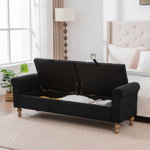 English Elm 65.75" Upholstered Storage Bench Napped Fabric Dual Lids Walnut Legs Bedroom Seating W3098P397303