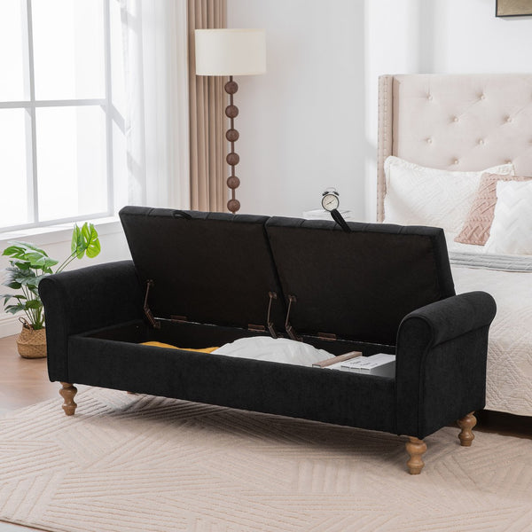 English Elm 65.75" Upholstered Storage Bench Napped Fabric Dual Lids Walnut Legs Bedroom Seating W3098P397303