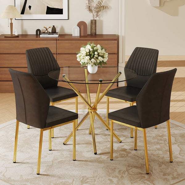 English Elm 4-Piece Dining Set: Modern Luxe Round Glass Table & Stylish Black-Gold Chairs For Chic Spaces W1151S03684