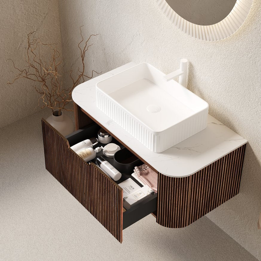 English Elm Dina Floating Bathroom Vanity Sintered Stone Top Glass Basin Striped Plywood Cabinet W2615S00192