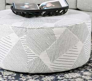 English Elm Round 37.5" Upholstery Ottoman with Geometric Pattern, Gray & Navy Finish, Transitional Accent Seat B2741P355220