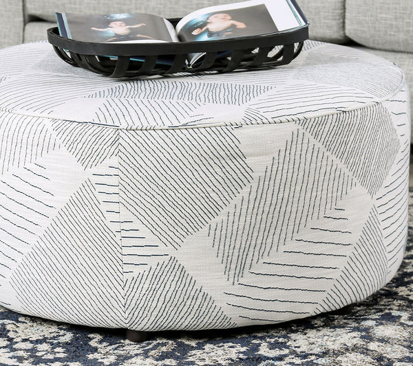 English Elm Round 37.5" Upholstery Ottoman with Geometric Pattern, Gray & Navy Finish, Transitional Accent Seat B2741P355220