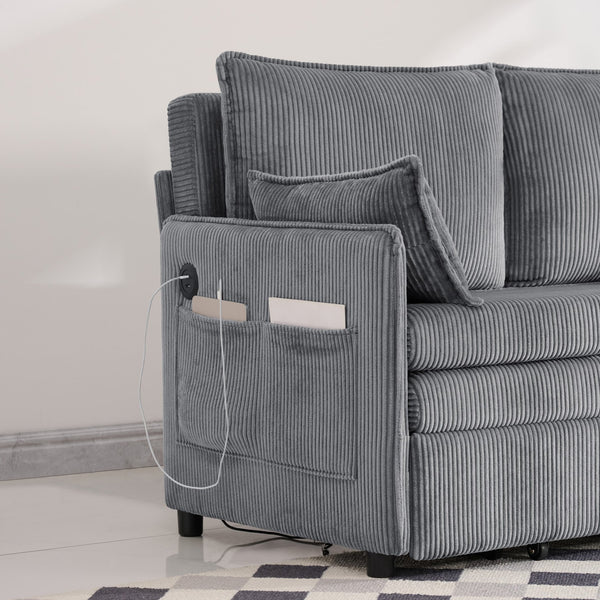 English Elm 55"convertible Corduroy Sofa Bed with Usb Port and Side Pockets for Small Apartments Grey W3373P405041