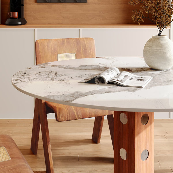 English Elm 2-4 Farmhouse Round Solid Wood Dining Table with Sintered Stone Top, Walnut & White, Durable Design T3833S00063 T3833S00063