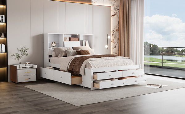 English Elm Queen Platform Bed with Built-In Headboard Storage and 8 Drawers, Solid Wood MDF, Sturdy Design White GX000453AAK