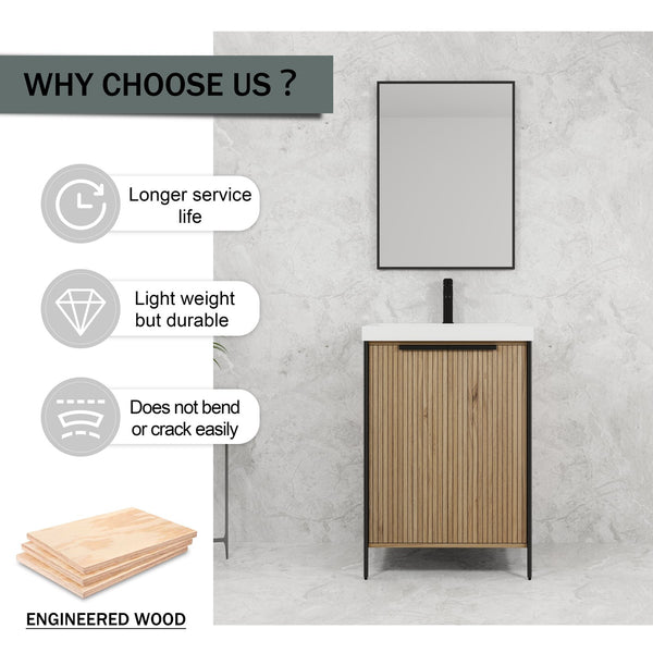 English Elm 24" Freestanding Bathroom Vanity with Resin Integrated Sink, Soft-Close Doors, Adjustable Shelf, Durable Plywood Finish Light Coffee W999S00294