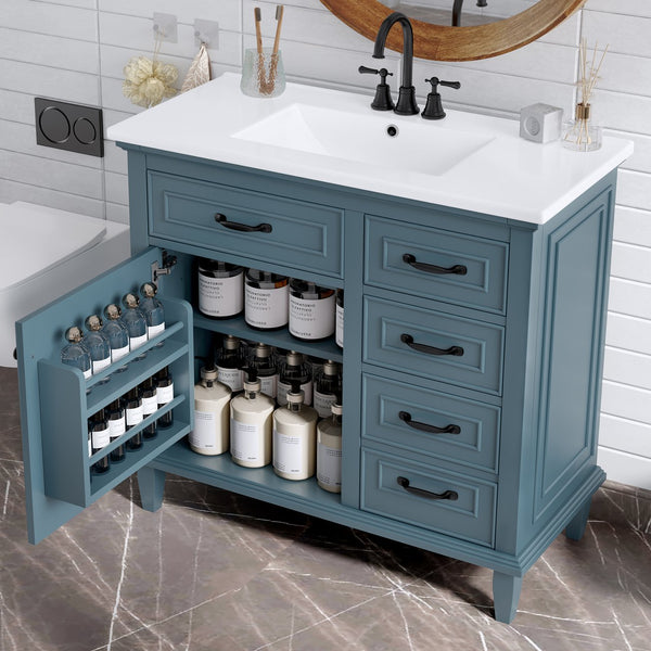 English Elm 36 Inch Bathroom Vanity With Ceramic Sink, Adjustable Shelf, Stylish Storage, Modern Blue Finish N725P336554C
