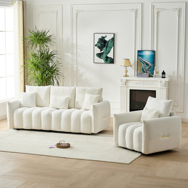 English Elm 80.7 Inch Plush Teddy Velvet 3 Seat Sofa Solid Wood Frame with Six Included Cushions Off White W2564S00068