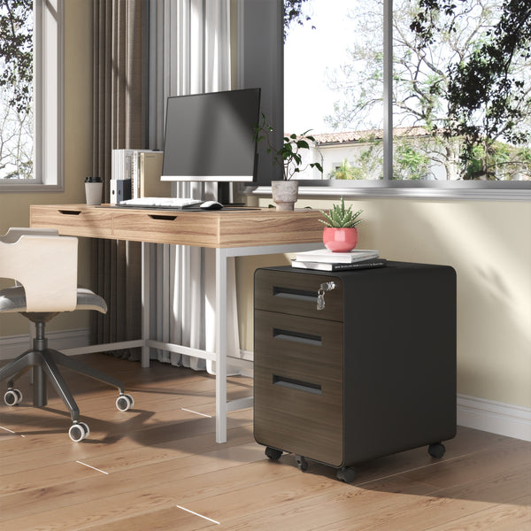 English Elm 3-Drawer Mobile File Cabinet With Lock | Durable All-Steel Storage On Casters For Home & Office Use T2398P391279