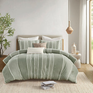JLA Home INK+IVY - 3 Cotton Striped Comforter Set with OEKO-TEX, Hypoallergenic Fill, Boho Clip Jacquard Trim & Washable Sage II10-1320