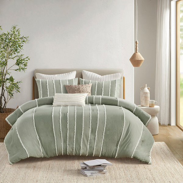 JLA Home INK+IVY - 3 Cotton Striped Comforter Set with OEKO-TEX, Hypoallergenic Fill, Boho Clip Jacquard Trim & Washable Sage II10-1320