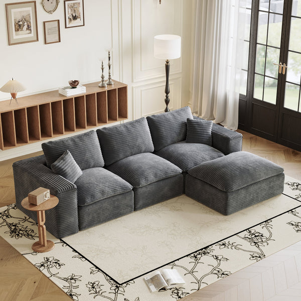 English Elm 108" Cloud Sectional Couch Modular L-Shape Chaise, Plush Corduroy Upholstered Sofa with Deep Seat Grey W3361S00002