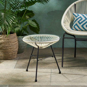 English Elm Christopher Knight Home® - NUSA Side Table with Tempered Glass Top and Handcrafted Rattan Base — Modern Outdoor Accent Table White 66627.00WHI