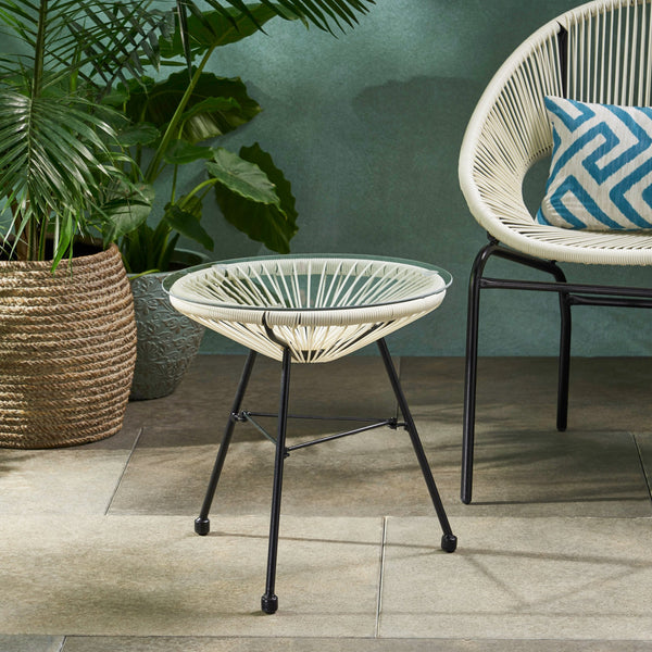 English Elm Christopher Knight Home® - NUSA Side Table with Tempered Glass Top and Handcrafted Rattan Base — Modern Outdoor Accent Table White 66627.00WHI