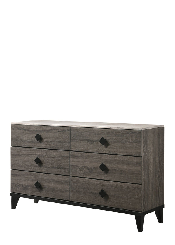 English Elm Avantika Faux Marble Top Dresser with 6 Spacious Drawers, Rustic Gray Oak, Wood Knobs, Modern Luxury B2726P261880