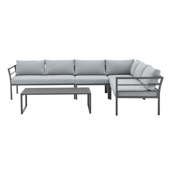 English Elm Sunnyside Outdoor 5-Piece Conversation Set Seats 6 with Waterproof Cushions, UV-Resistant Steel Frame and Slatted Coffee Table Grey B365S00104