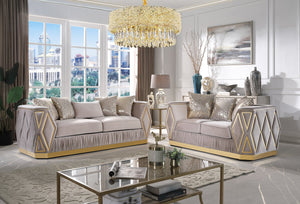 English Elm Cavalli Diamond Upholstered Sofa and Loveseat Set with Gold Accents for Modern Living Taupe+Gold B009S02180