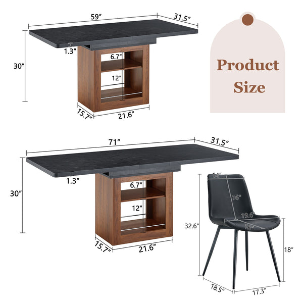 English Elm Scalable Extendable Dining Set with Wood Grain Table and Gray Linen Chairs 8 Piece Walnut+Black W1151S04701