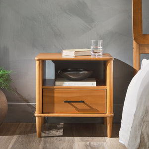 English Elm Walker Edison - Transitional Solid Pine Spindle Nightstand with Drawer and Open Cubby, Minimalist Handles, Low-Profile Caramel 26 L x 18.75 W x 5.5 H B185P168938