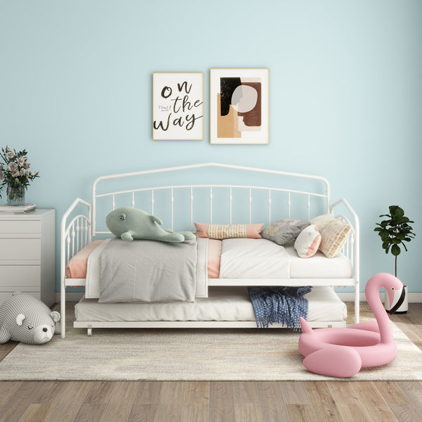 English Elm Fox Twin Daybed with Twin Trundle Metal Frame, Easy-Glide Casters, Anti-Noise Slats, No Box Spring Needed White B083P154255