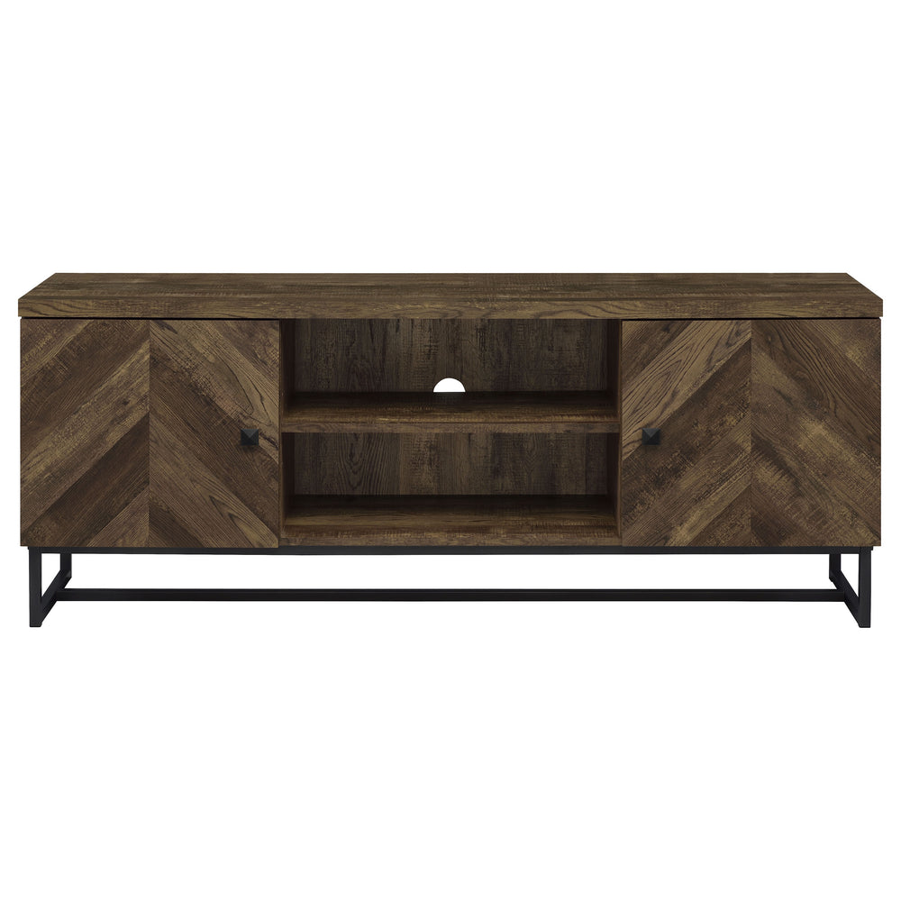 English Elm Chase Rustic Oak 2-Door TV Console with Chevron Doors & Black Sled Base — Modern Farmhouse Focal Piece B062P351448