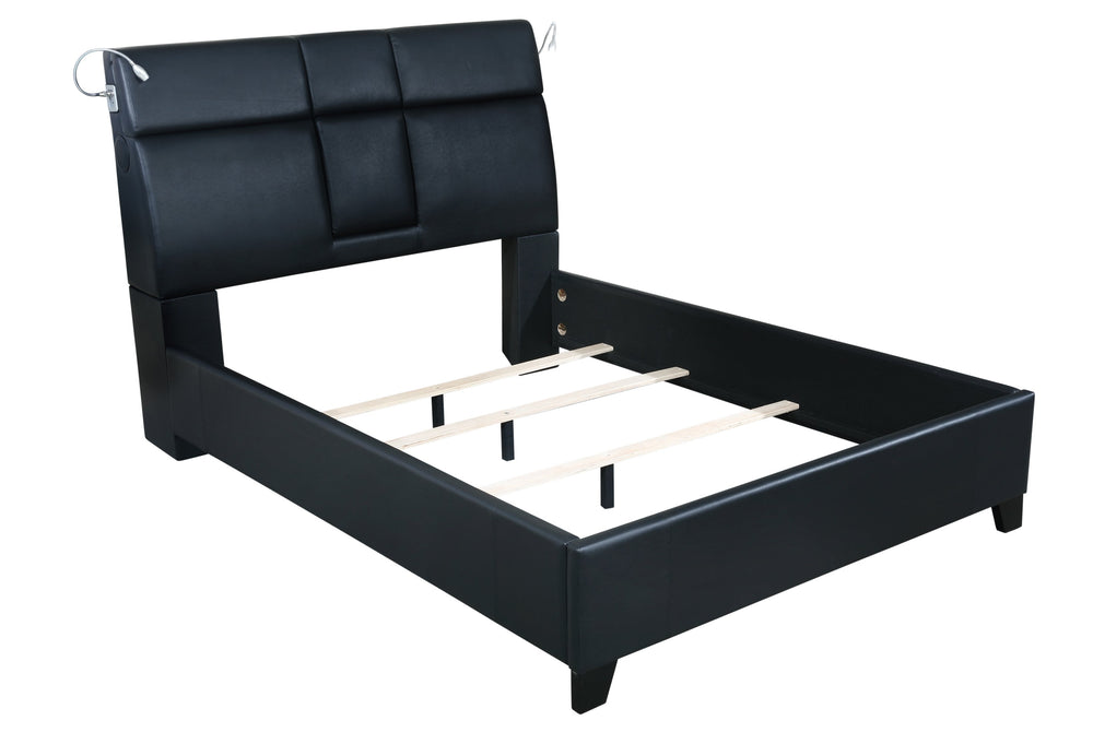 English Elm Queen Music Bed with Bluetooth Speakers, Touch Lighting & Removable Beverage Tray — Black Vinyl Modern Design B2699S00010