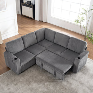 English Elm Sectional Corduroy Sleeper Sofa with Storage and Charging Ports for Small Spaces Grey W1361S00077