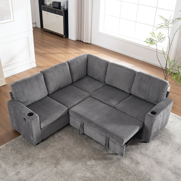 English Elm Sectional Corduroy Sleeper Sofa with Storage and Charging Ports for Small Spaces Grey W1361S00077