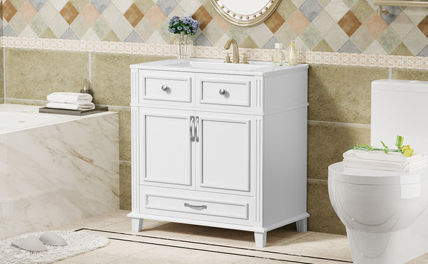 English Elm 30'' Bathroom Vanity with Sink - Retro Solid Wood Frame, Ceramic Basin, Soft-Close Doors & Ample Storage White N710P190656K