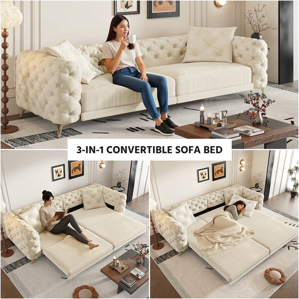 English Elm 97.6" Oversized Velvet Chesterfield Sleeper Sofa Floral Tufted Roll Arm Living Room Couch Beige+White W1885S00297