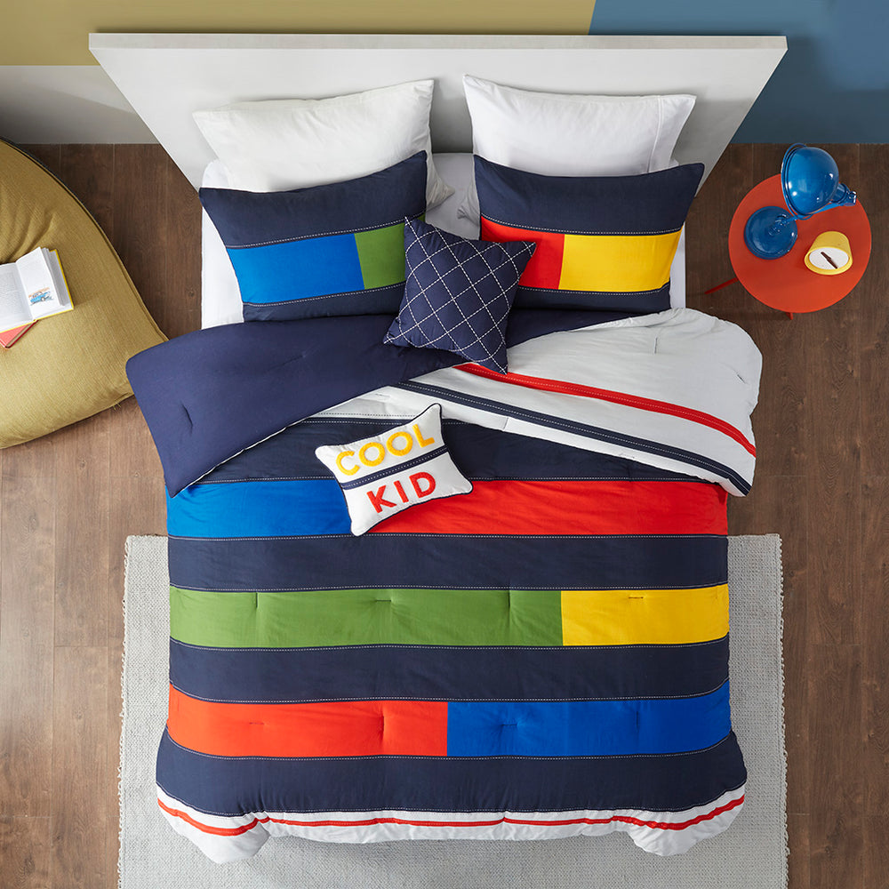 JLA Home Urban Habitat Kids - Stripe Colorblock Kids Comforter Set with Playful Stripes, 100% Cotton, OEKO-TEX, Antimicrobial Finish 88 L x 68 W x 1H UHK10-0142