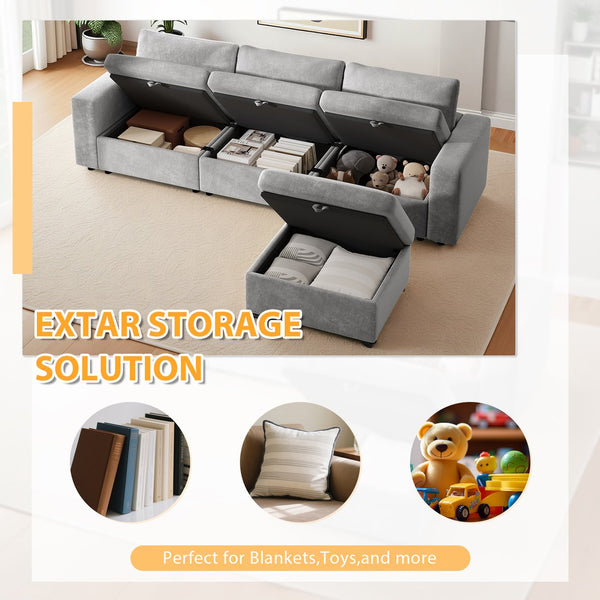 English Elm 118" Velvet L Shaped Sectional with Storage Ottoman and Deep Cloud Cushions W3716S00014
