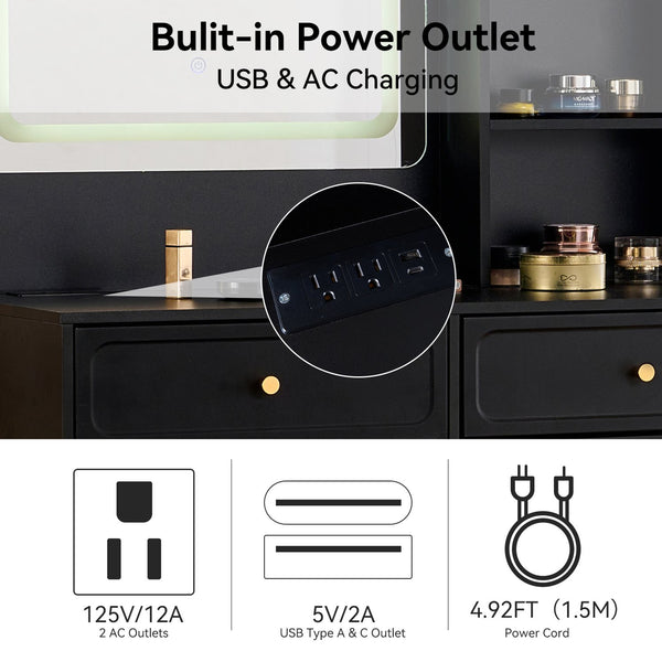 English Elm Modern Makeup Vanity Desk with LED 3-Color Mirror, Built-In Power Station, Sliding Cabinet, Stool Black N844P288432B