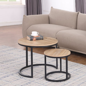English Elm 24" Round Nesting Coffee Tables Natural Oak Mdf Top Metal Frame Modern Industrial Set W3151P412658