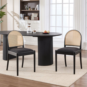 English Elm Rattan Backrest Dining Chairs Set of 2 Teddy Fabric Cushion Solid Wood Legs Kitchen Black W3244P475533