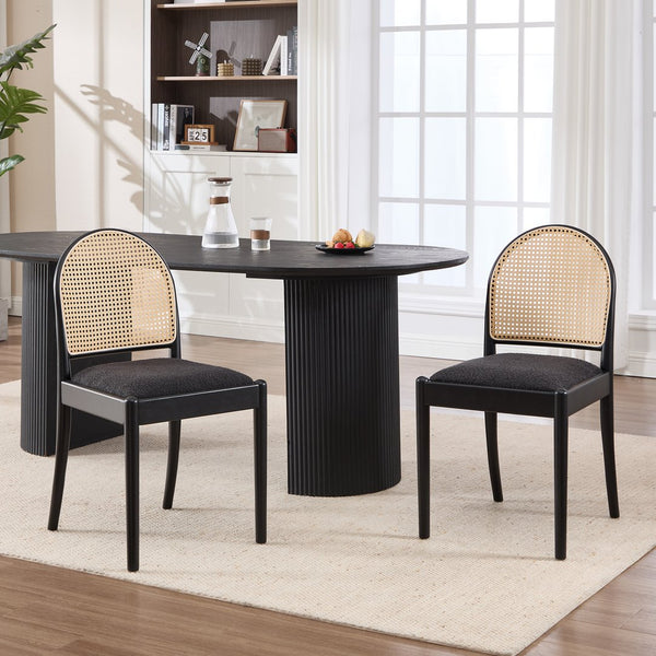 English Elm Rattan Backrest Dining Chairs Set of 2 Teddy Fabric Cushion Solid Wood Legs Kitchen Black W3244P475533