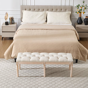English Elm Bedroom Bench Linen Tufted Seat with Hand Carved Rubberwood Legs French Country Style W3244P500175