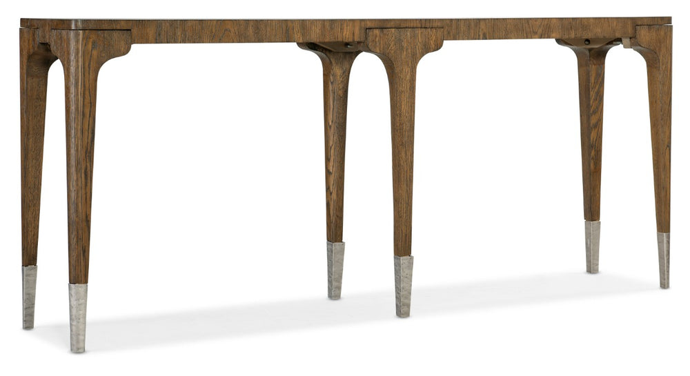 Hooker Furniture Chapman Slim Console Table In Sorrel Oak Veneer With Forged Pewter Ferrules, Distressed Art Deco Appeal 6033-85002-85
