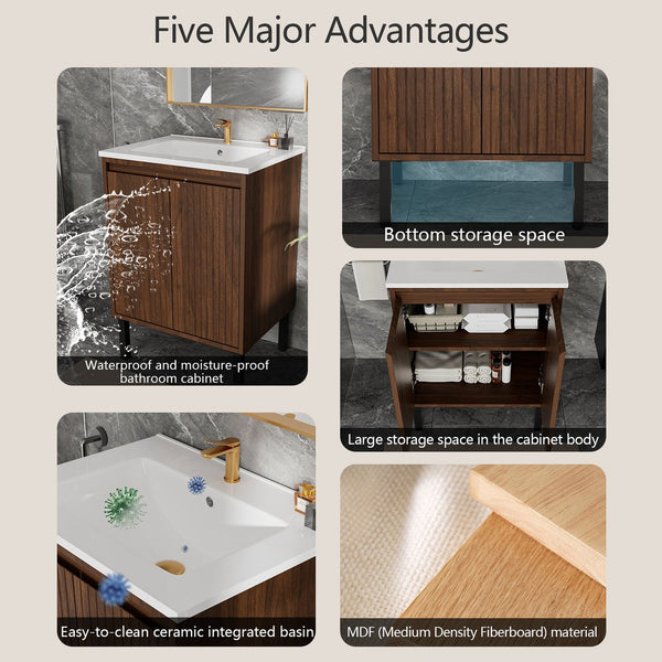 English Elm 24 Compact Bathroom Vanity with Sink — Floor-Standing Stability, Soft-Close Drawers, Large Storage, Durable Finish Walnut 29.13 L x 6.49 W x 26.37 H W3520S00012