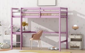 English Elm Twin High Loft Bed with Built-In Desk and Ladder — Space-Saving Rubberwood Study & Sleep Solution Pink W504P206981