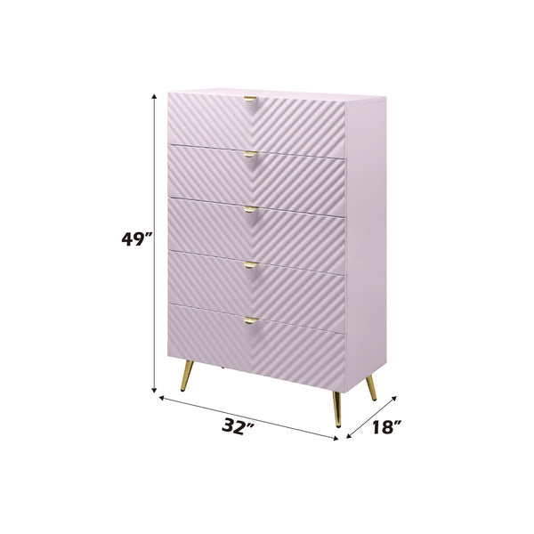 English Elm Gaines High Gloss Chest with Wave Pattern Design, Metal Legs, 5 Drawers, Durable Composite MDF Storage Pink 31 L x 15 W x 5 H B2726S00400