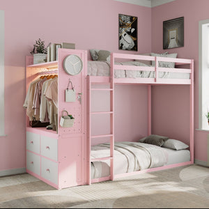 English Elm Twin Bunk Bed with Storage Drawers Hanging Rail Led Shelves and Pegboard Organizer Pink LT000282AAH