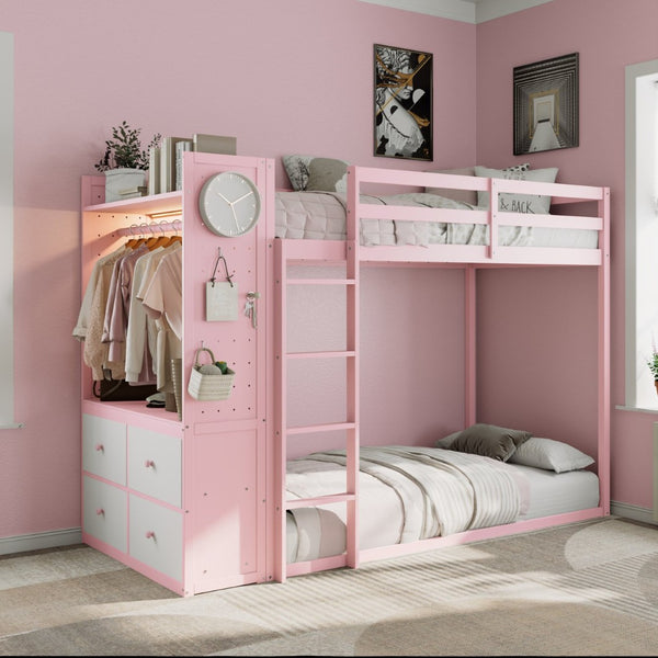 English Elm Twin Bunk Bed with Storage Drawers Hanging Rail Led Shelves and Pegboard Organizer Pink LT000282AAH