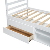 English Elm Twin Size Wood Platform Bed With Removable Storage Shelves, Built-In Two Storage Drawers For Added Convenience, White