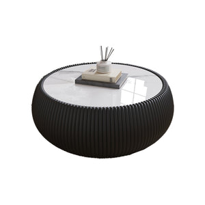 English Elm Light Marble Top Drum-Shaped Coffee Table With Black Leather Base – Modern Living Room Accent Piece W3081P367627