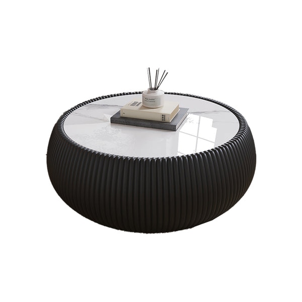 English Elm Light Marble Top Drum-Shaped Coffee Table With Black Leather Base – Modern Living Room Accent Piece W3081P367627