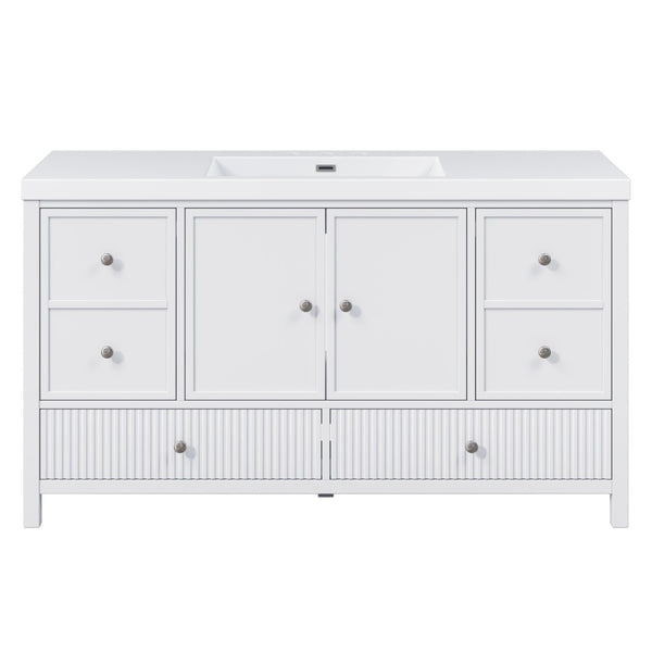 English Elm 60" Freestanding Bathroom Vanity Fluted Fronts Soft Close Drawers Drop-in Sink White N817P404100W
